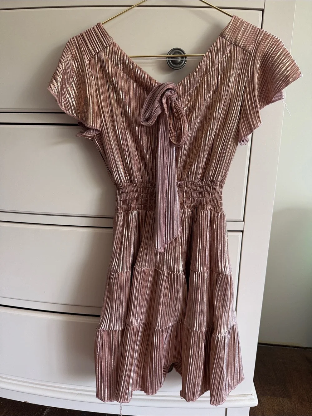 Girls' Metallic Rose Pink Pleated Tiered Party Dress